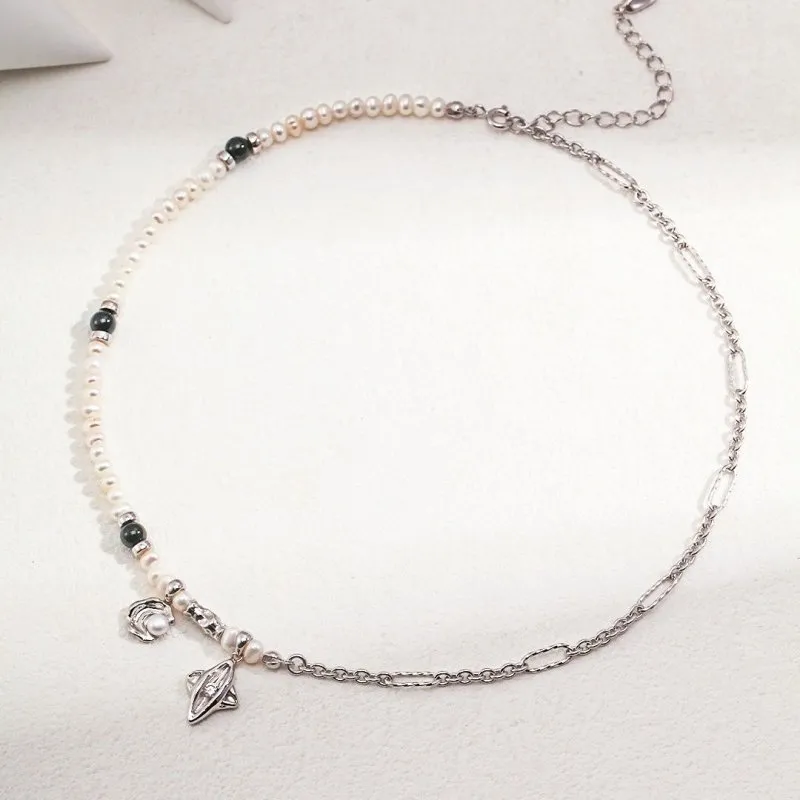 Star and Moon Charm Freshwater Pearl Necklace