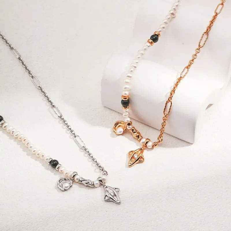 Star and Moon Charm Freshwater Pearl Necklace