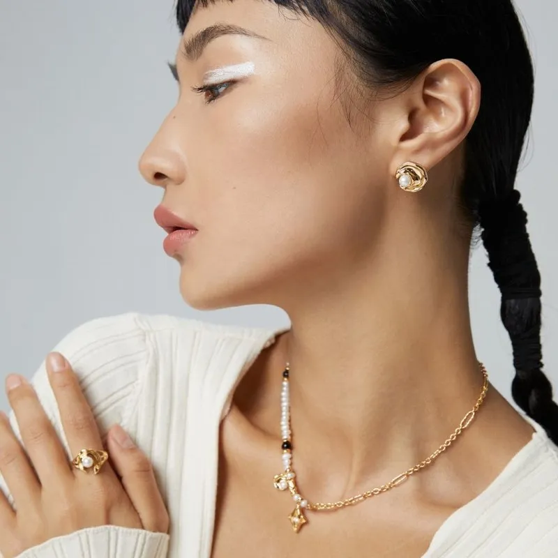 Star and Moon Charm Freshwater Pearl Necklace