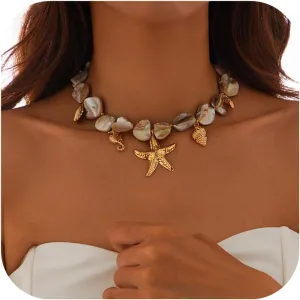 Starfish Shell Necklaces for Women Trendy Summer Boho Seashell Pendant Beach Necklace Gold Charm Choke Necklace Dainty Statement Necklace Fashion Surfer Jewelry Gift