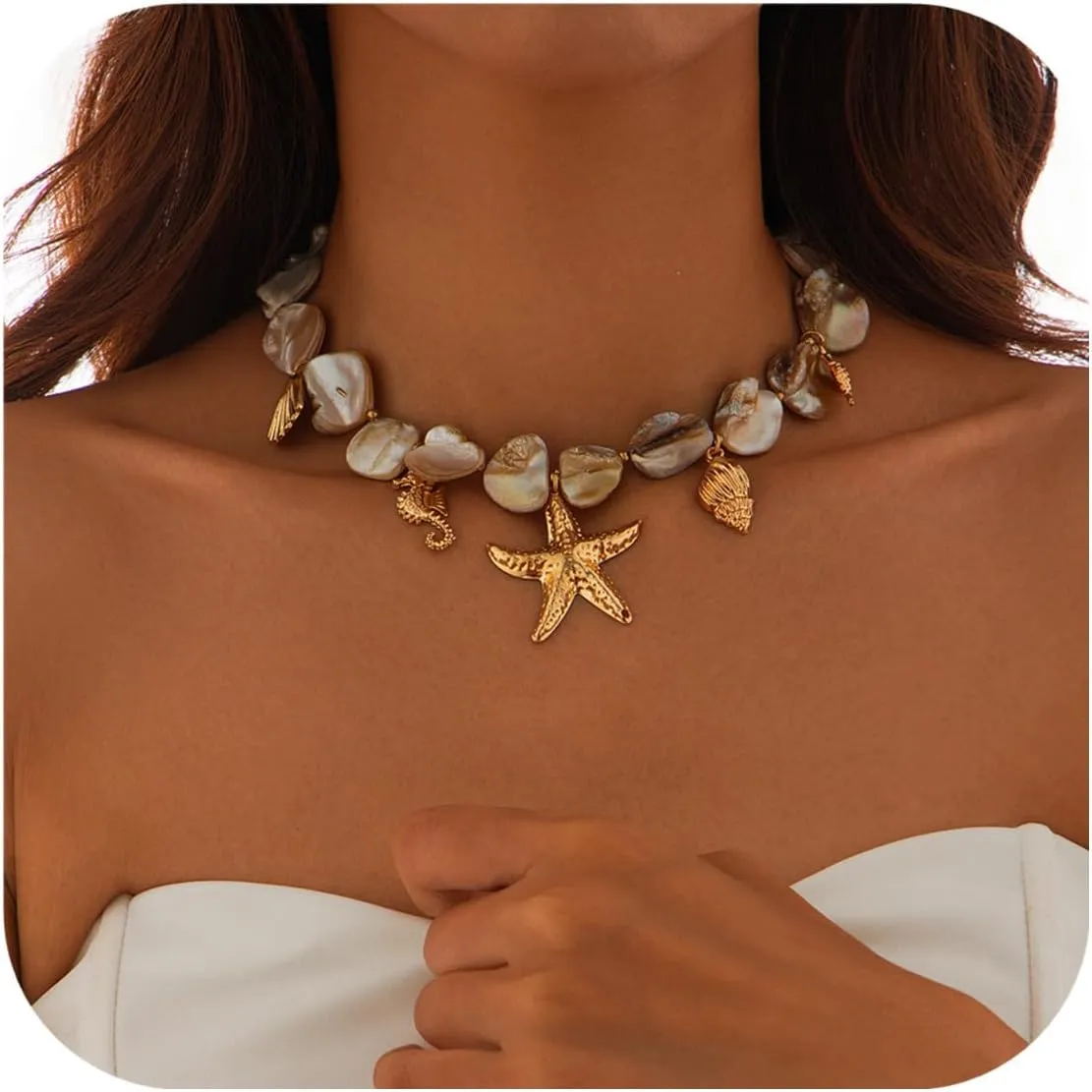 Starfish Shell Necklaces for Women Trendy Summer Boho Seashell Pendant Beach Necklace Gold Charm Choke Necklace Dainty Statement Necklace Fashion Surfer Jewelry Gift