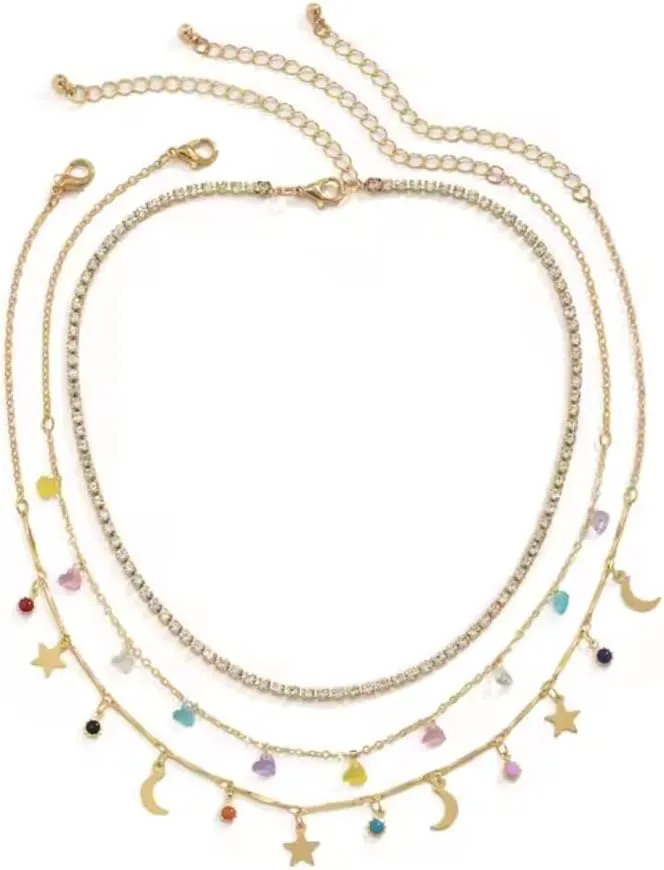 Starglow Layers- Celestial Moon, Star & Crystal -Gold Layered Choker Necklace  Multi-Layer Chain With Dainty Charms, Boho Jewelry for Women