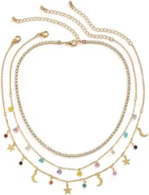 Starglow Layers- Celestial Moon, Star & Crystal -Gold Layered Choker Necklace  Multi-Layer Chain With Dainty Charms, Boho Jewelry for Women