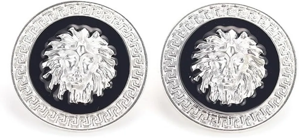 Statement Black Gold Lion Head Carved Ear Stud Earrings,Animal Theme Disc Round Circle Earrings,Luxury Large Fashion Vintage Unique Jewelry for Women