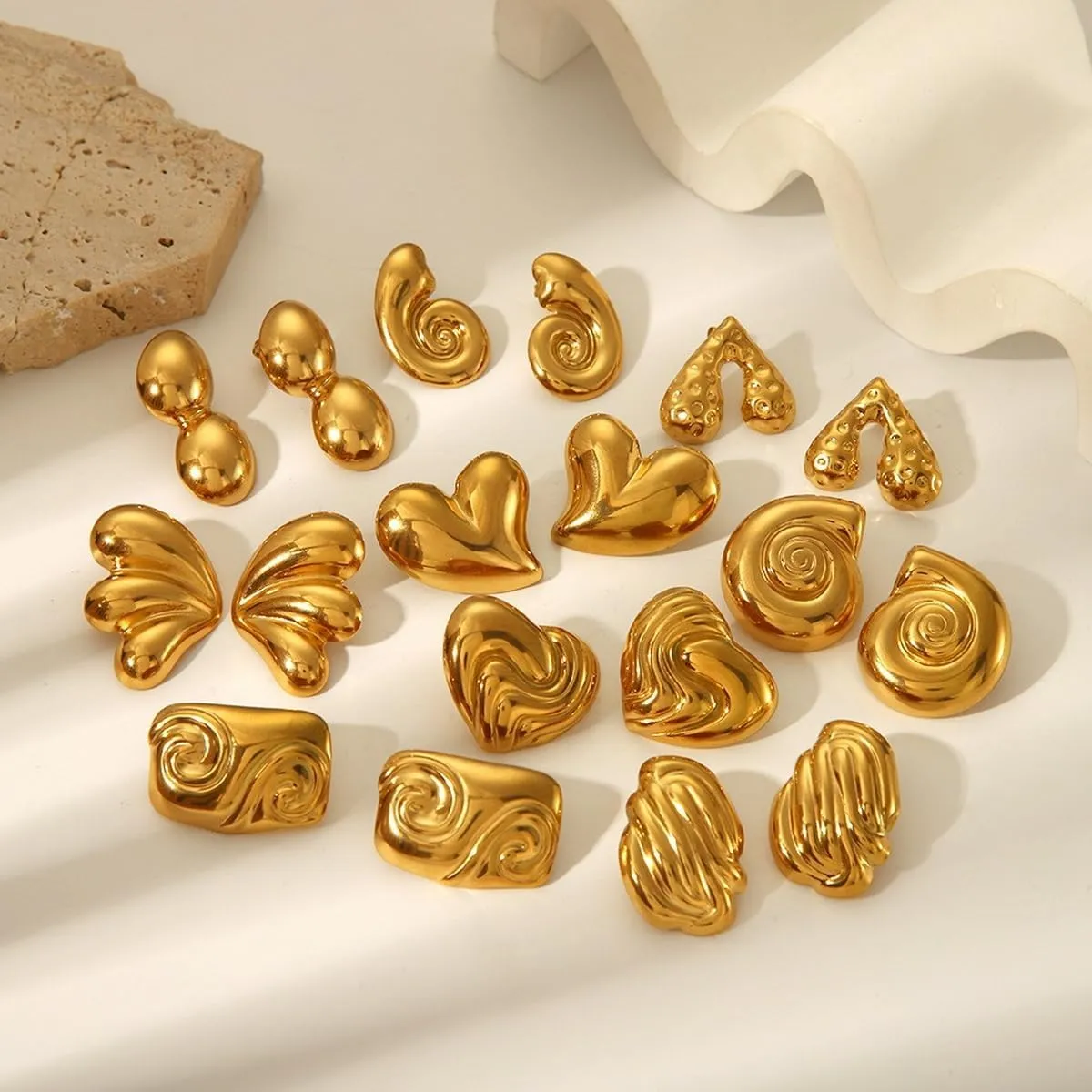 Statement Gold Plated Shell Texture Ear Stud Earrings for Women,Seashell Stainless Steel Hypoallergenic Earrings Irregular Geometric Minimalist Beachy Earrings Trendy Jewelry