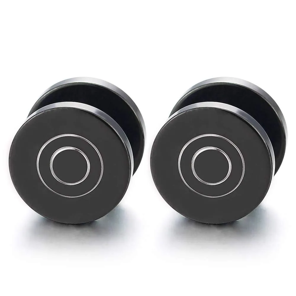 Steel Black Circle Spiral Stud Earrings for Mens Women Cheater Fake Ear Plugs Gauges Illusion Tunnel
