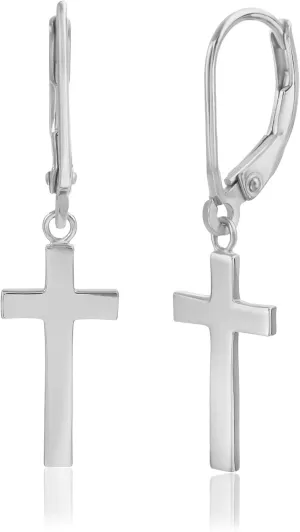 Sterling Silver High Polished Dangling Cross Earrings for Women with Leverback