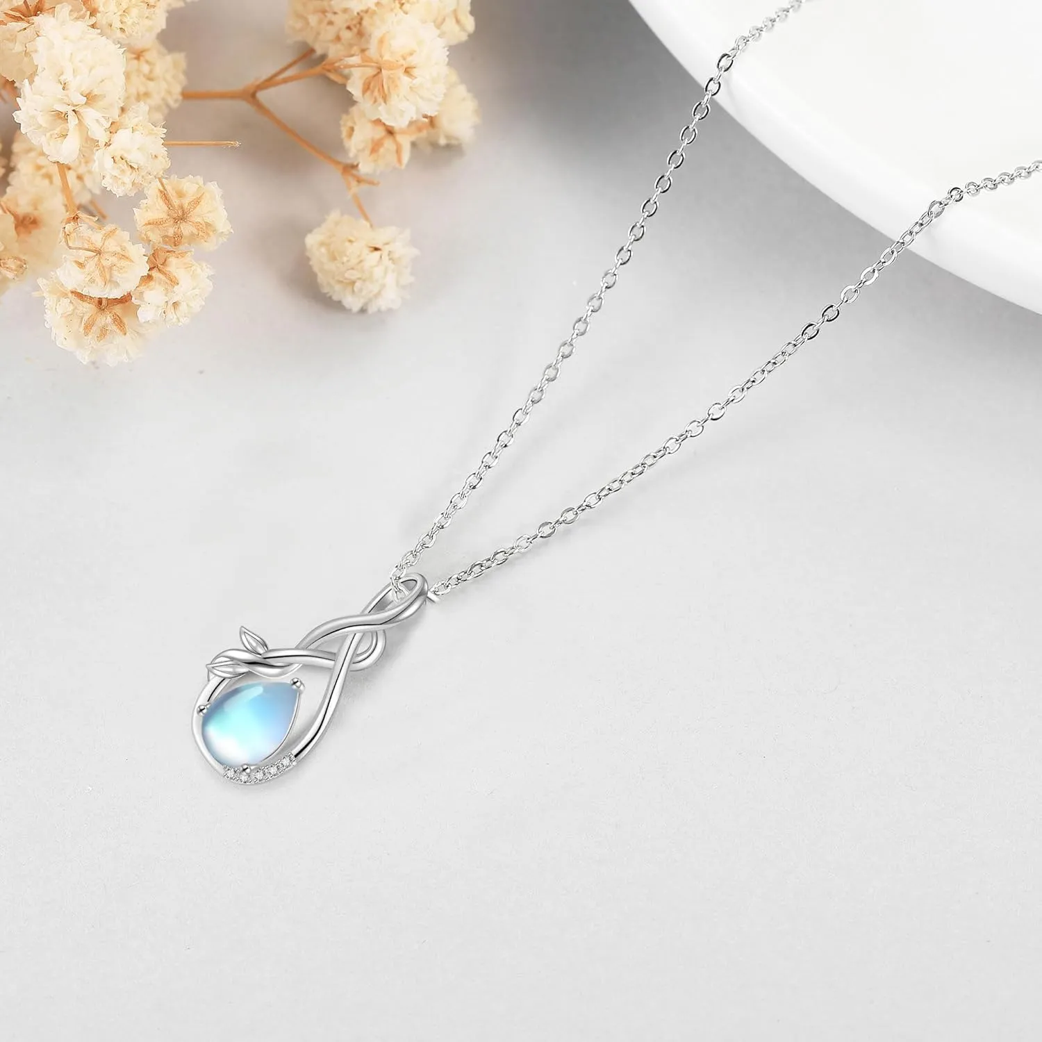 Sterling Silver Infinity Moss Agate/Opal/Moonstone/Larimar Teardrop Pendant Necklace Infinity Jewelry Gift for Women Lover Mom