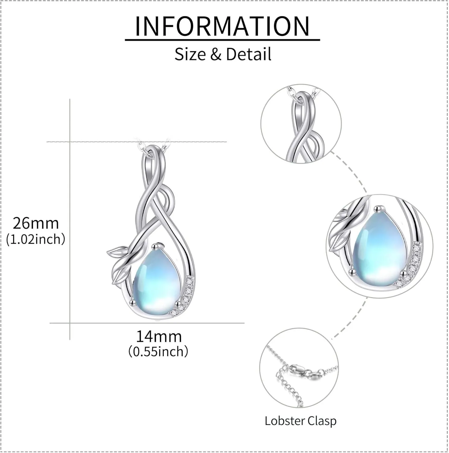 Sterling Silver Infinity Moss Agate/Opal/Moonstone/Larimar Teardrop Pendant Necklace Infinity Jewelry Gift for Women Lover Mom