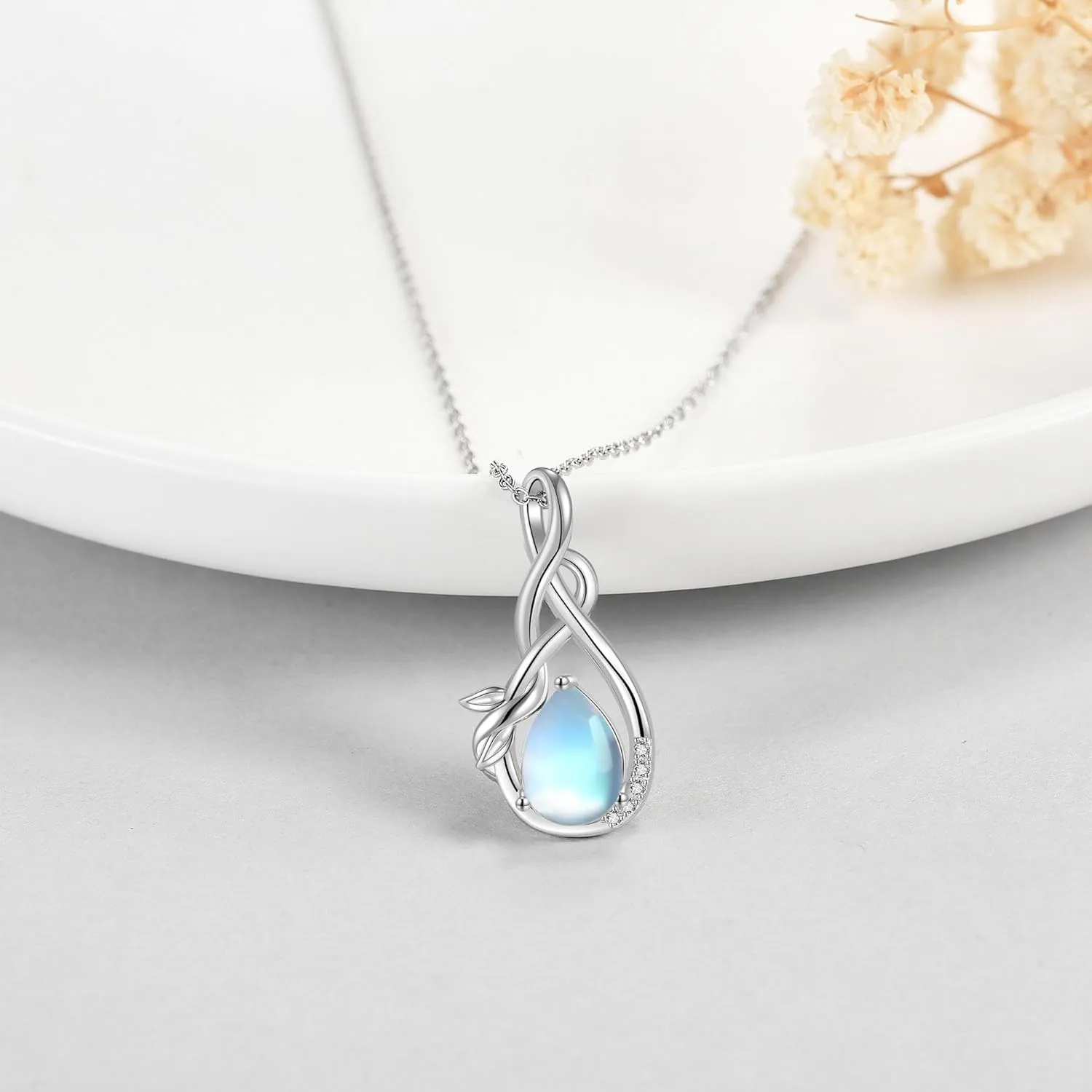 Sterling Silver Infinity Moss Agate/Opal/Moonstone/Larimar Teardrop Pendant Necklace Infinity Jewelry Gift for Women Lover Mom