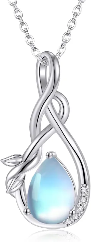 Sterling Silver Infinity Moss Agate/Opal/Moonstone/Larimar Teardrop Pendant Necklace Infinity Jewelry Gift for Women Lover Mom