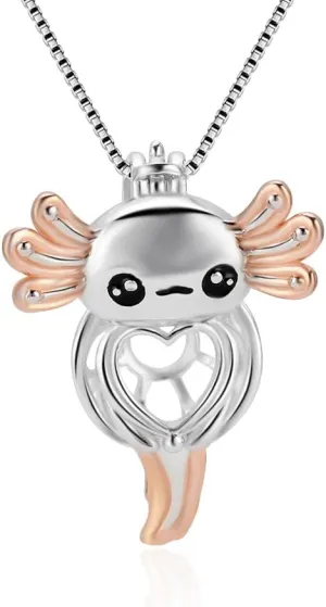 Sterling Silver Pink Axolotl Pearl Cage Pendants for Women