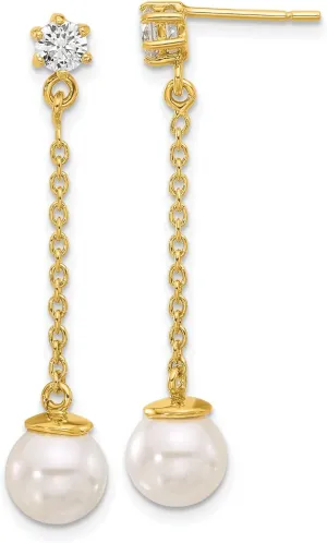Sterling Silver Polished CZ and Imitation Pearl Dangle Earrings 38.8x7.5 mm
