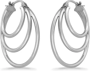 Sterling Silver Polished Finish Triple Circle Round-Tube Hoop Earrings for Women, 25mm Diameter.