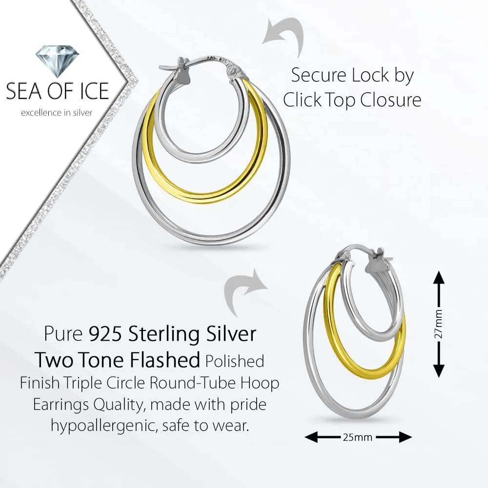 Sterling Silver Polished Finish Triple Circle Round-Tube Hoop Earrings for Women, 25mm Diameter.