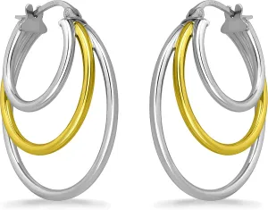Sterling Silver Polished Finish Triple Circle Round-Tube Hoop Earrings for Women, 25mm Diameter.