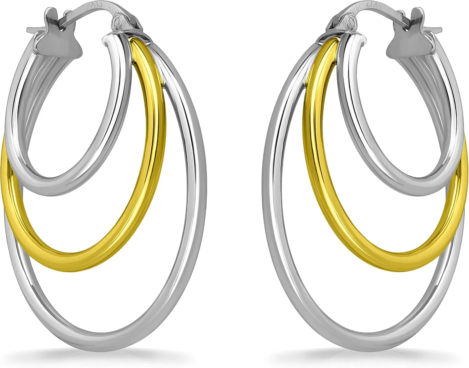 Sterling Silver Polished Finish Triple Circle Round-Tube Hoop Earrings for Women, 25mm Diameter.