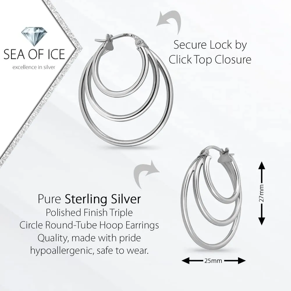 Sterling Silver Polished Finish Triple Circle Round-Tube Hoop Earrings for Women, 25mm Diameter.