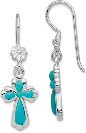 Sterling Silver Rhodium-plated Polished Imitation Turquoise Cross & Flower Dang