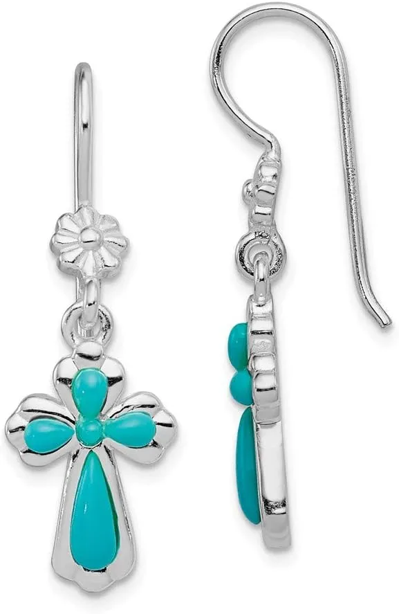 Sterling Silver Rhodium-plated Polished Imitation Turquoise Cross Earrings