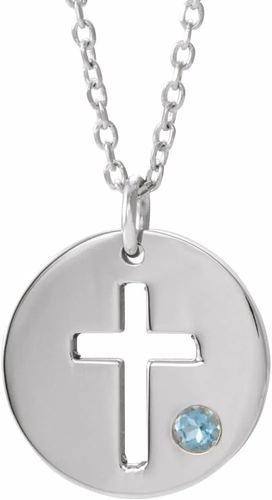 Sterling Silver Round Shape Imitation Aquamarine Pierced Disc Religious Cross Necklace Fine Jewelry for Women Gifts for Her (13.6x11.9mm), 16-18"