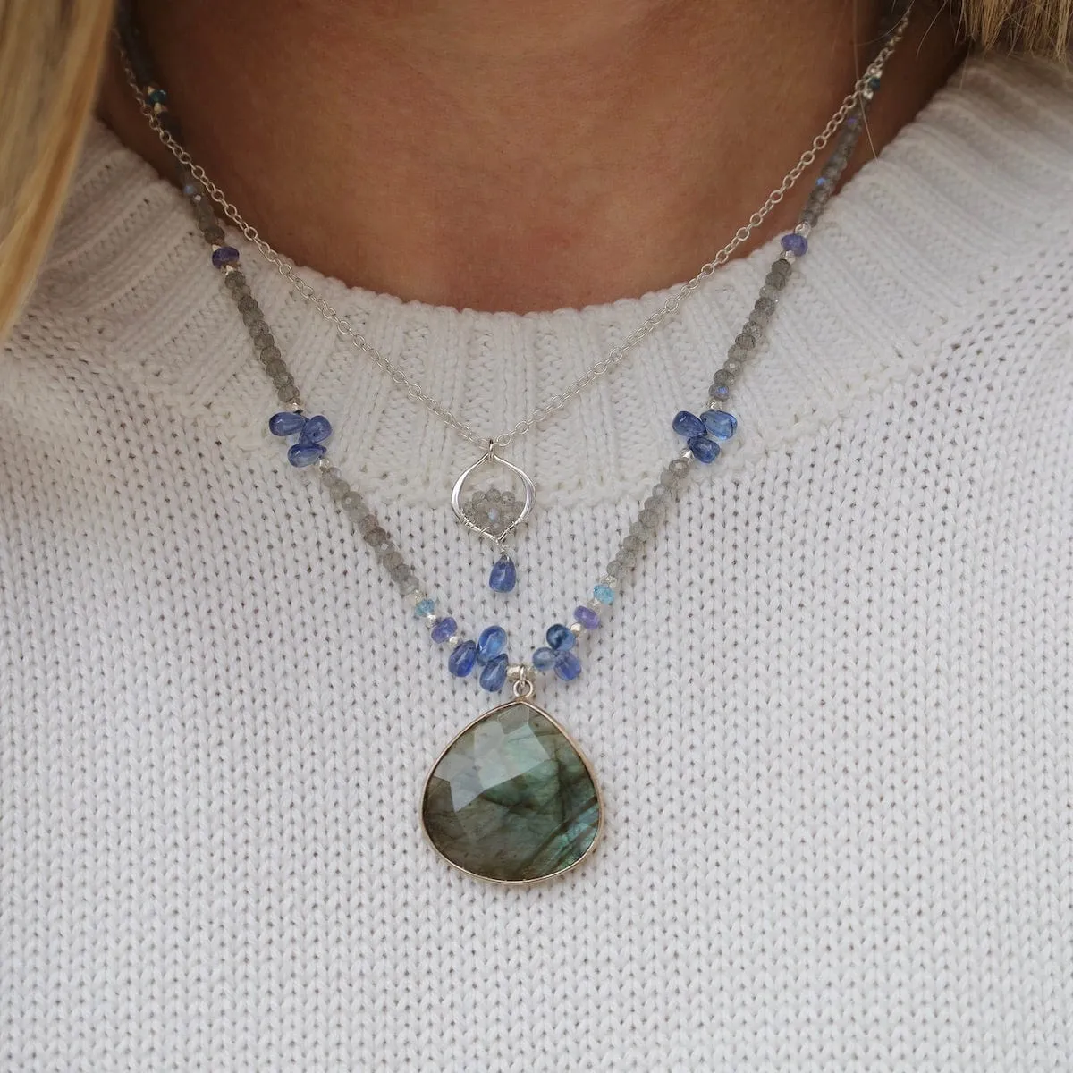 Sterling Silver Tiny Arabesque with Kyanite & Labradorite Necklace
