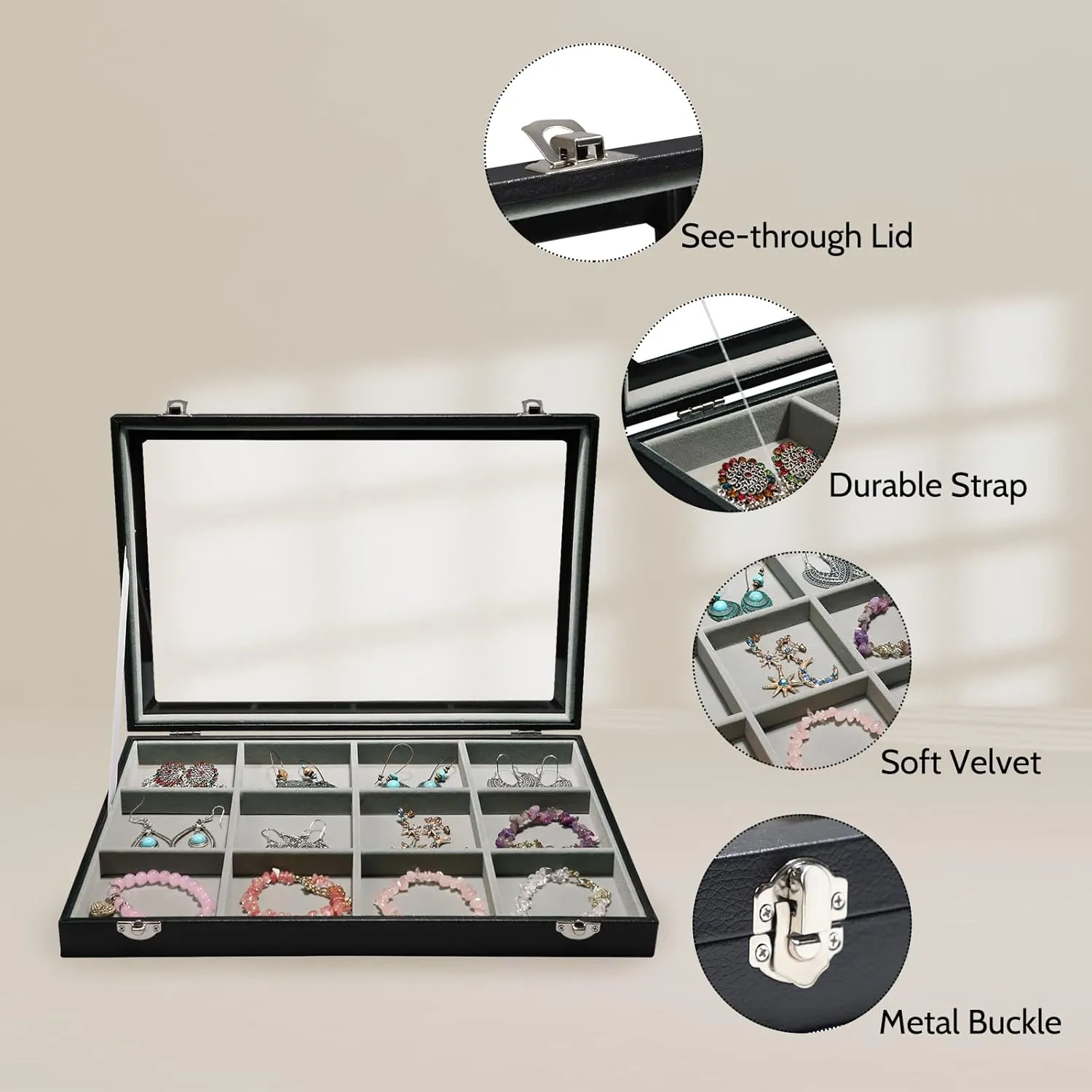 Stratalife Bracelet Holder Jewelry Organizer Jewelry Storage Earring Holder Organizer Jewelry Storage Organizer Bracelets Necklace For Girls Women 12 Grid (Gray Black)