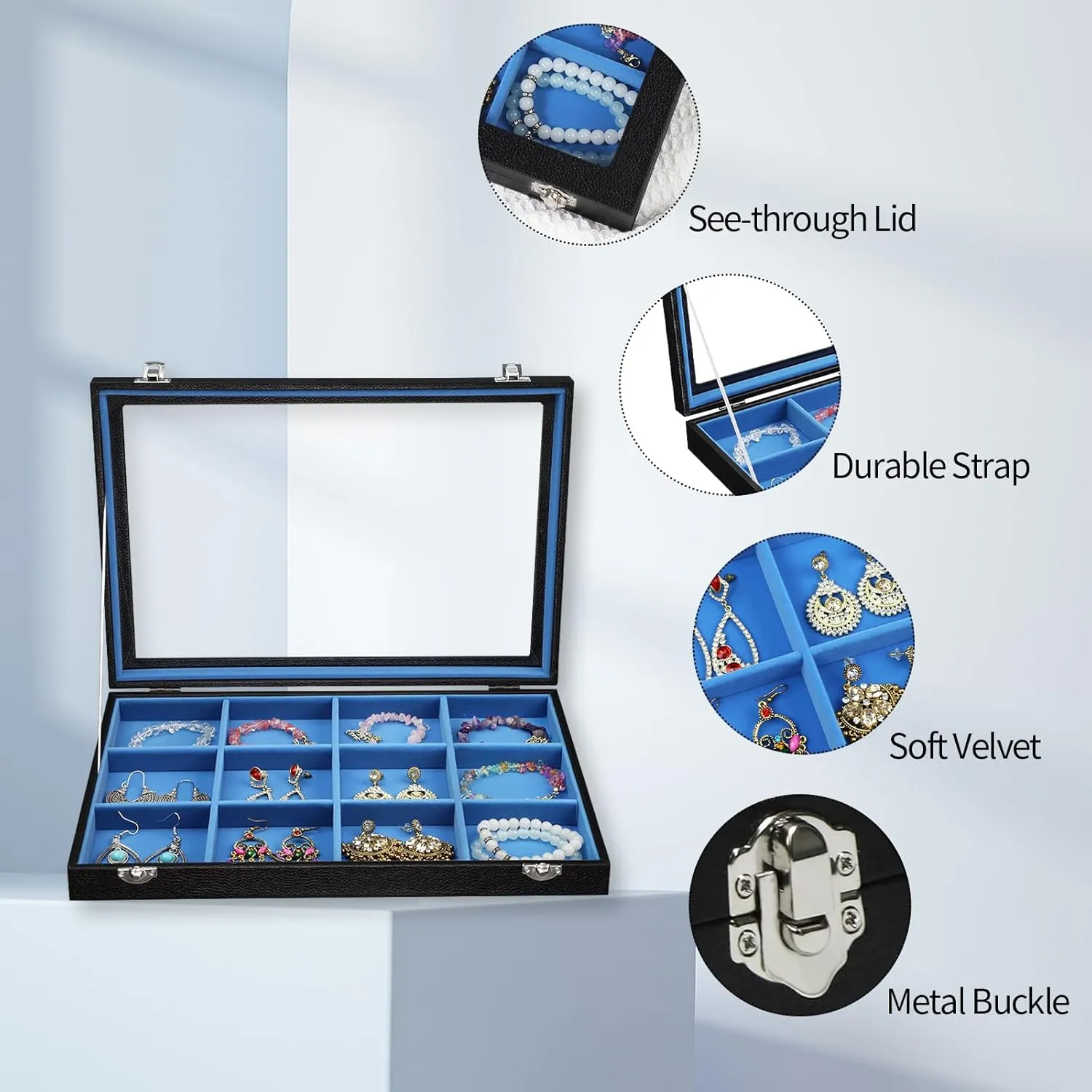 Stratalife Jewelry Organizer Bracelet Holder 12 Grid Tray with Lid - Stackable Velvet Jewelry Box (Blue Black)