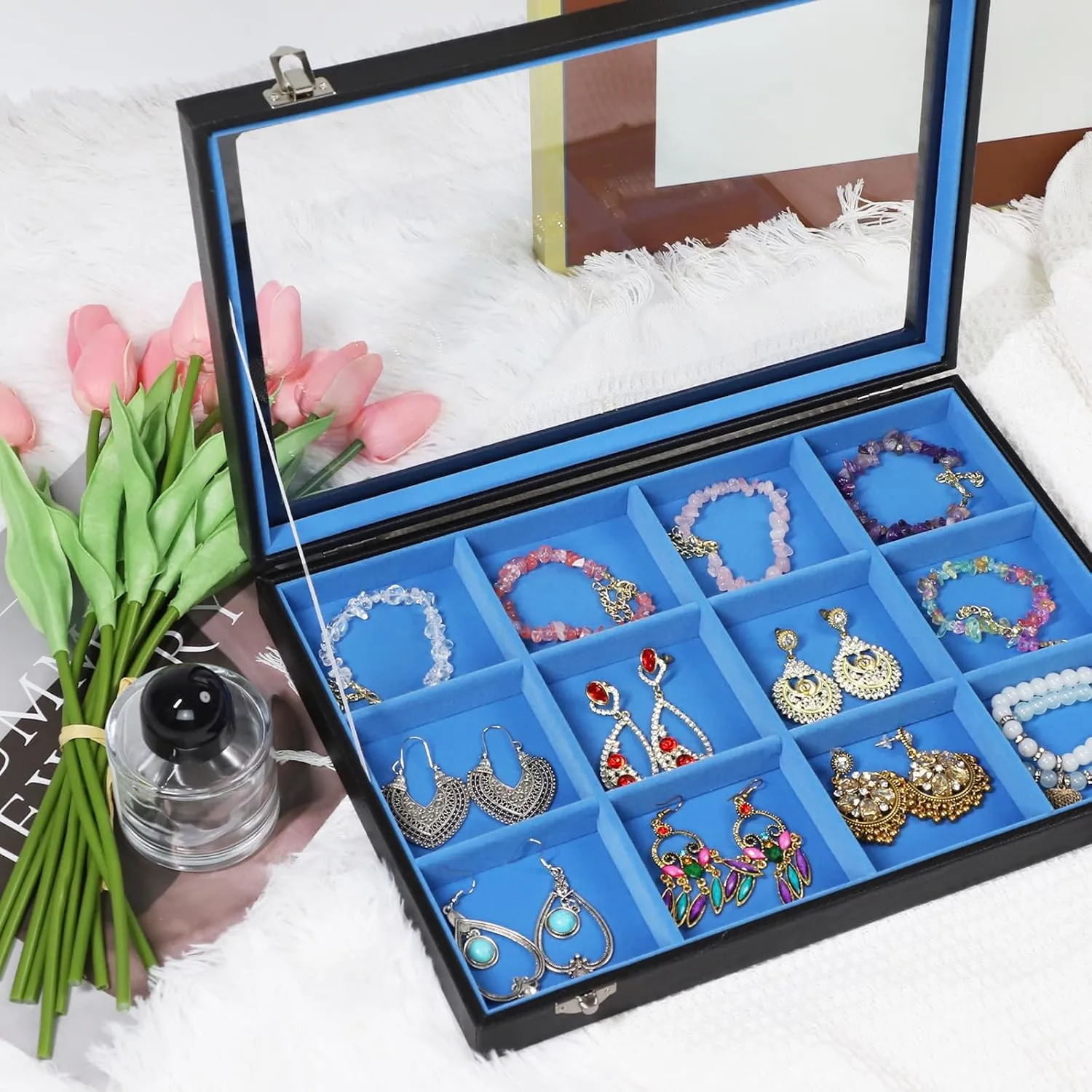 Stratalife Jewelry Organizer Bracelet Holder 12 Grid Tray with Lid - Stackable Velvet Jewelry Box (Blue Black)