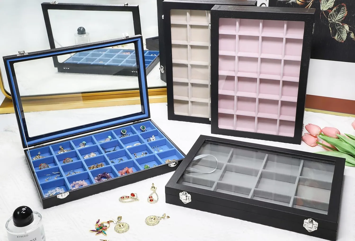 Stratalife Jewelry Organizer Bracelet Holder 12 Grid Tray with Lid - Stackable Velvet Jewelry Box (Blue Black)