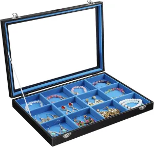 Stratalife Jewelry Organizer Bracelet Holder 12 Grid Tray with Lid - Stackable Velvet Jewelry Box (Blue Black)