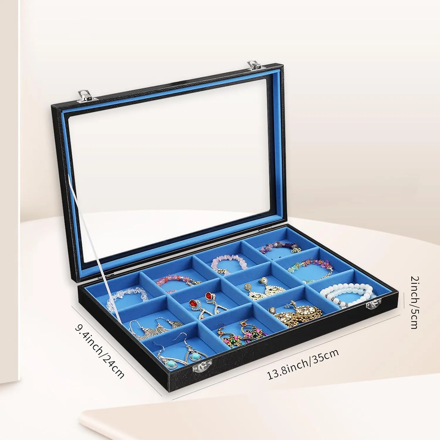 Stratalife Jewelry Organizer Bracelet Holder 12 Grid Tray with Lid - Stackable Velvet Jewelry Box (Blue Black)