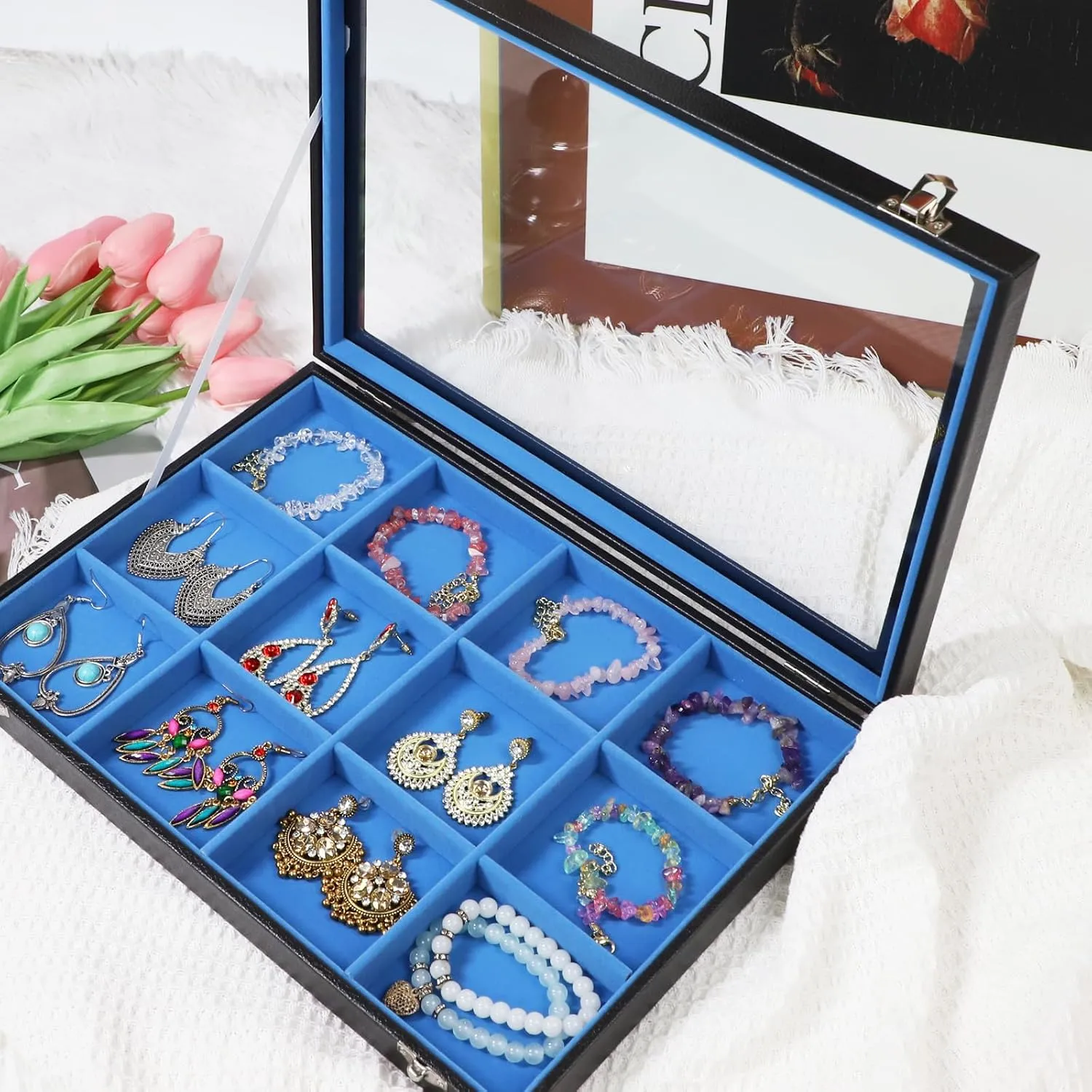 Stratalife Jewelry Organizer Bracelet Holder 12 Grid Tray with Lid - Stackable Velvet Jewelry Box (Blue Black)