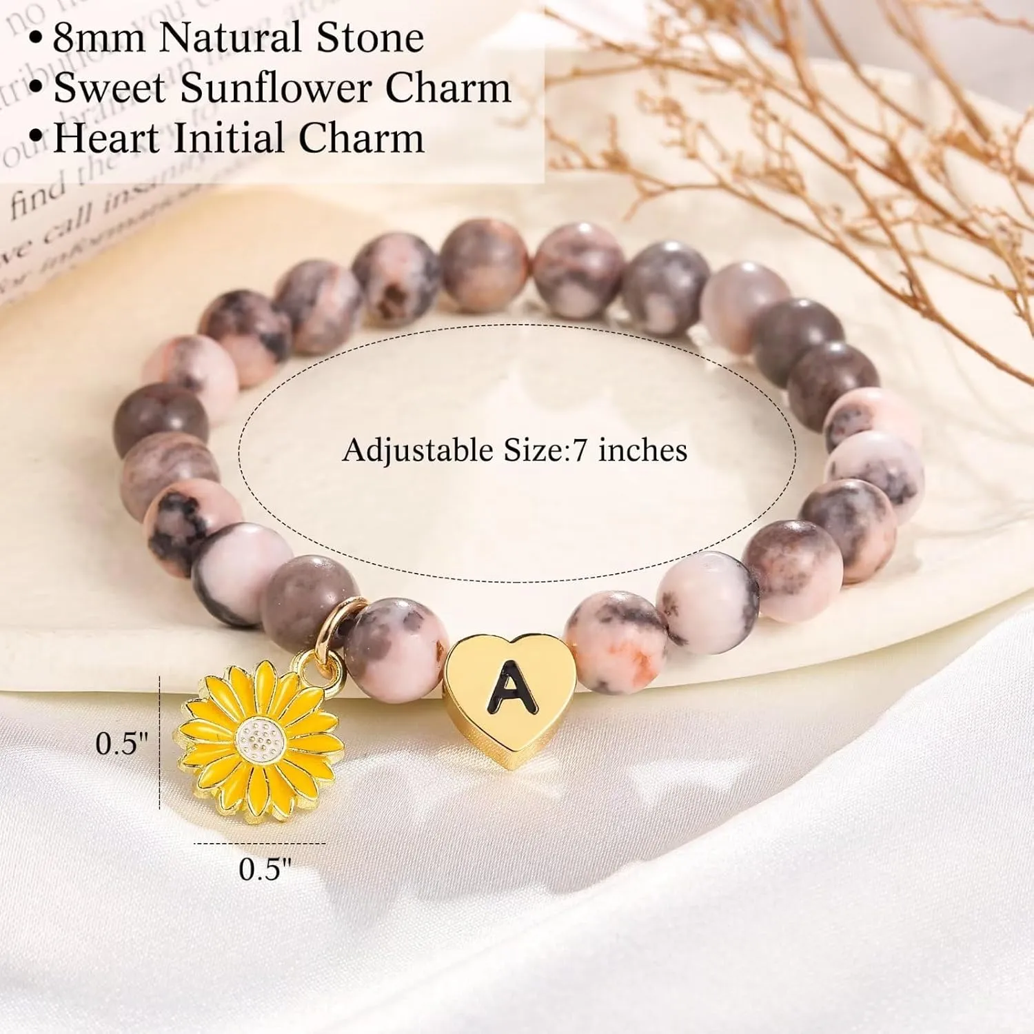 Sunflower Charm Bracelets for Friend/Sister, Natural Stone Frosted Pink Zebra Beads Heart Initial Charm Bracelets Birthday Christmas Gifts for Women