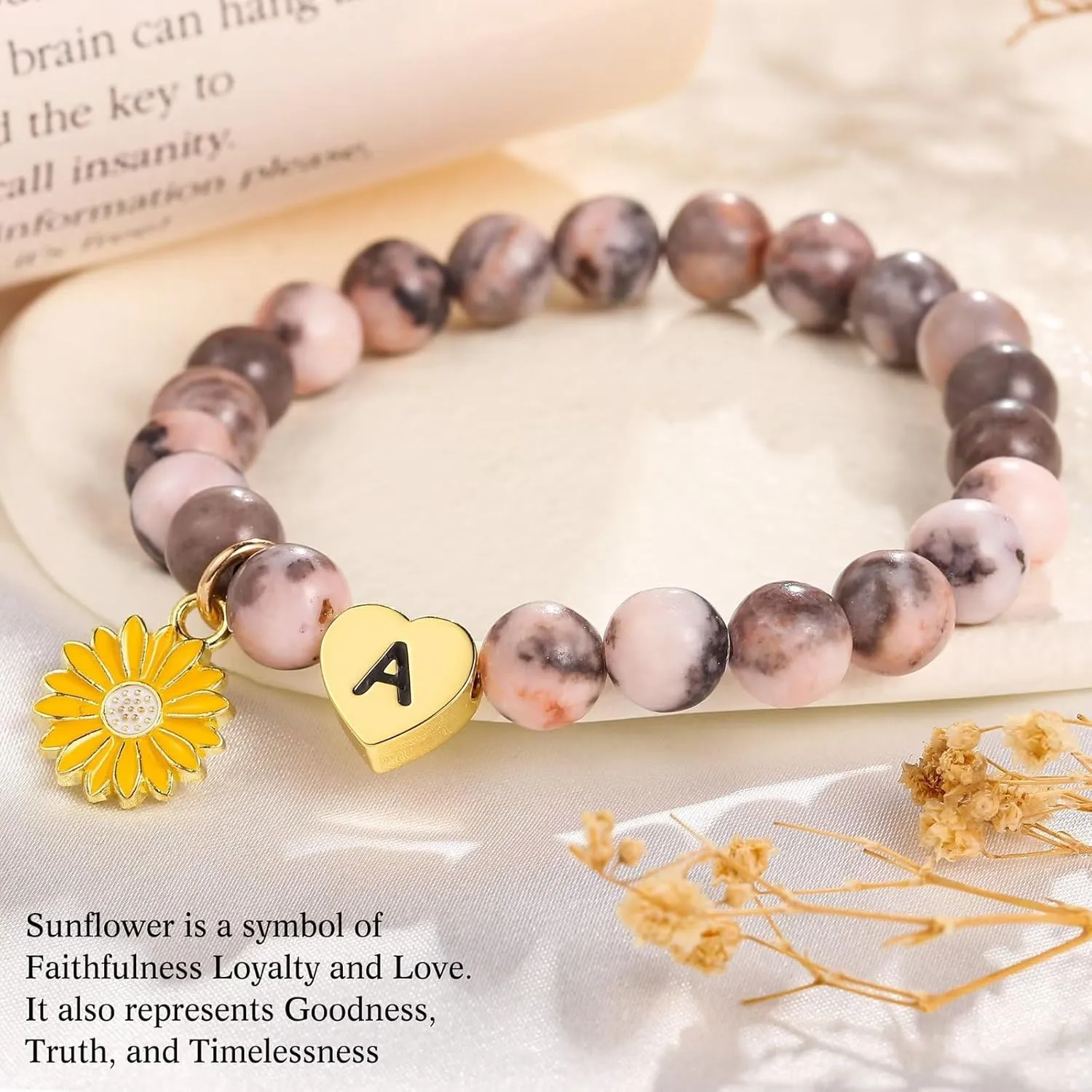 Sunflower Charm Bracelets for Friend/Sister, Natural Stone Frosted Pink Zebra Beads Heart Initial Charm Bracelets Birthday Christmas Gifts for Women