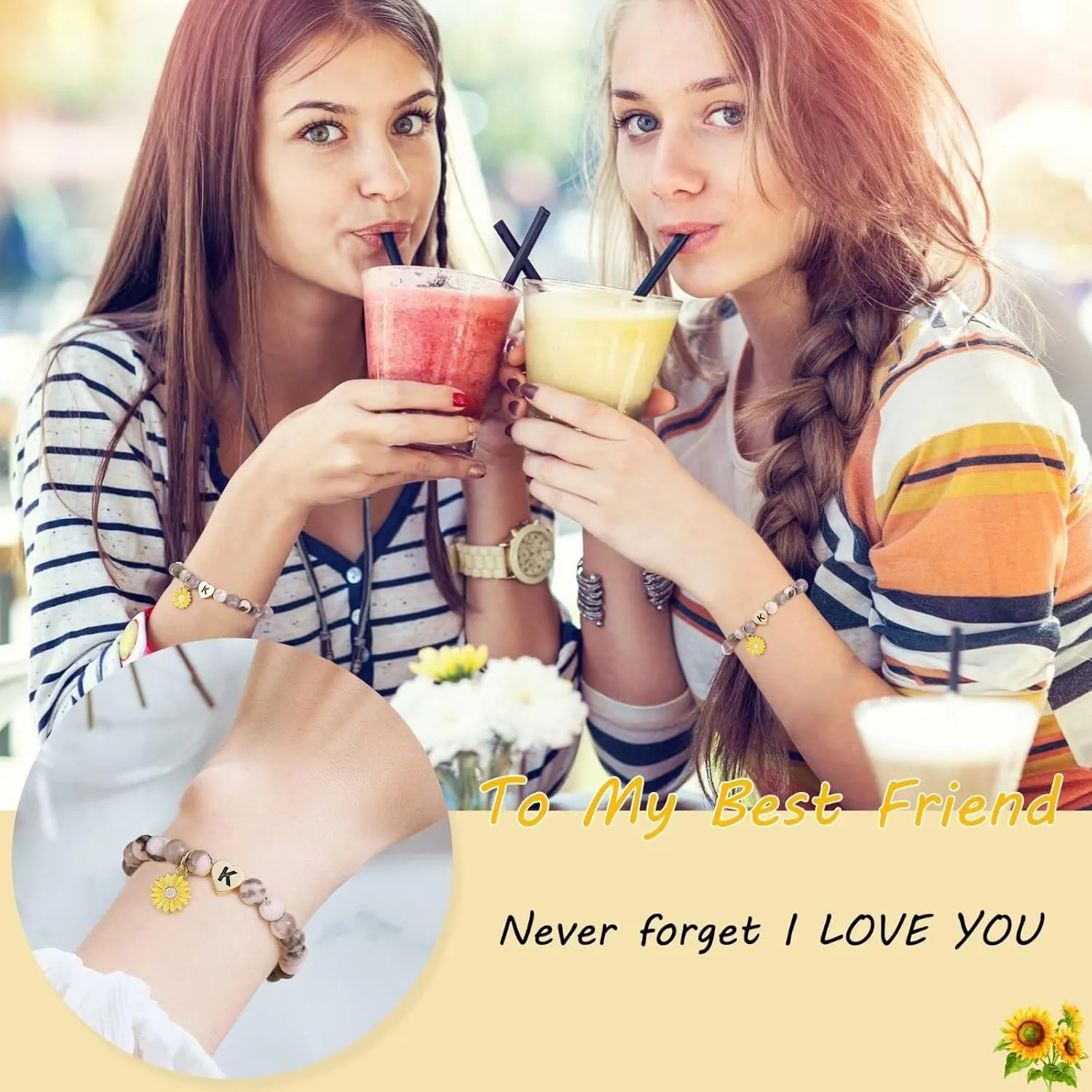 Sunflower Charm Bracelets for Friend/Sister, Natural Stone Frosted Pink Zebra Beads Heart Initial Charm Bracelets Birthday Christmas Gifts for Women