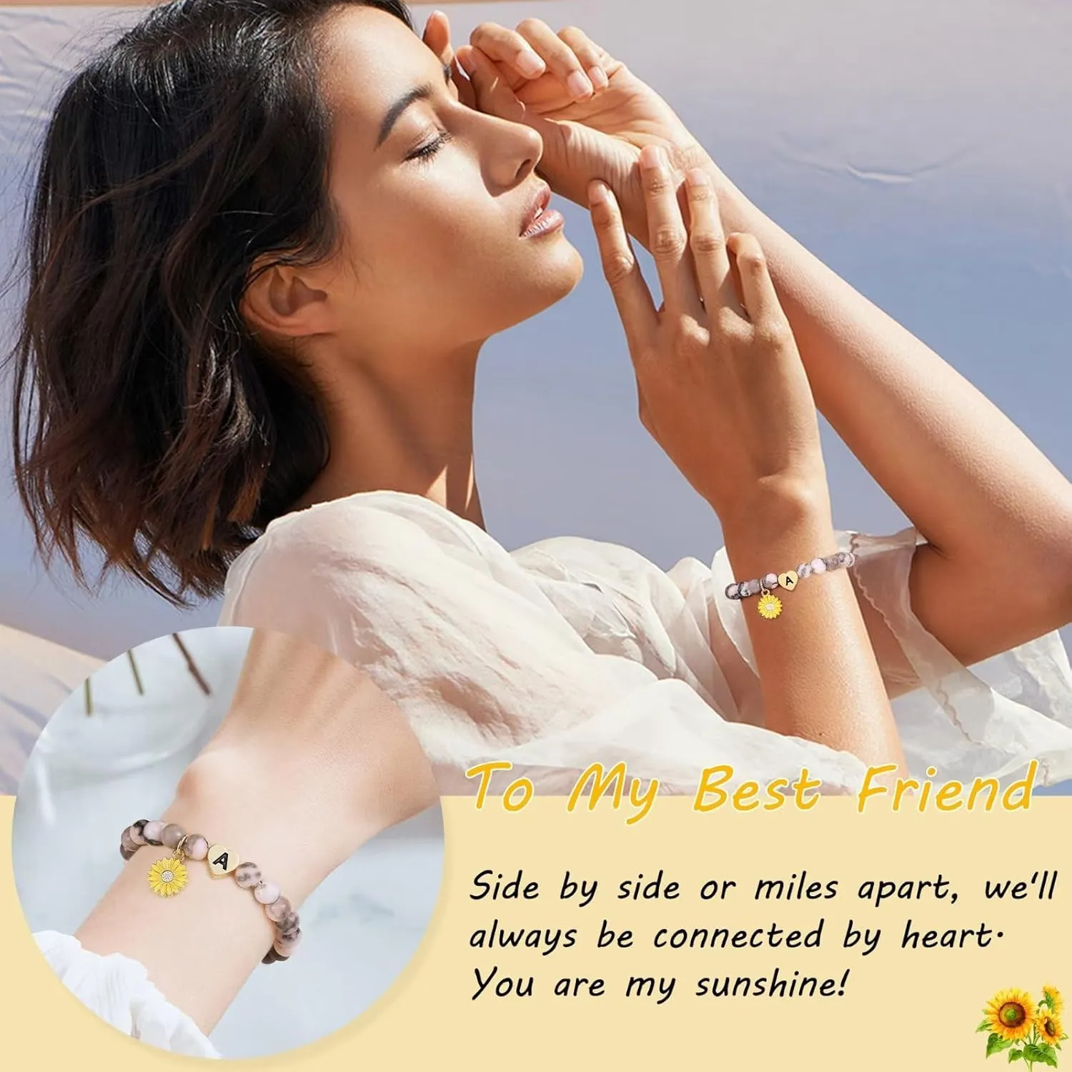 Sunflower Charm Bracelets for Friend/Sister, Natural Stone Frosted Pink Zebra Beads Heart Initial Charm Bracelets Birthday Christmas Gifts for Women