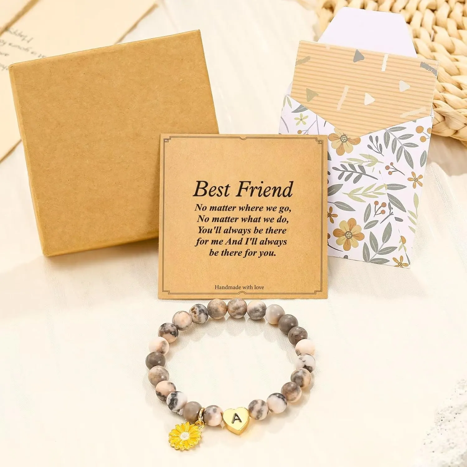 Sunflower Charm Bracelets for Friend/Sister, Natural Stone Frosted Pink Zebra Beads Heart Initial Charm Bracelets Birthday Christmas Gifts for Women