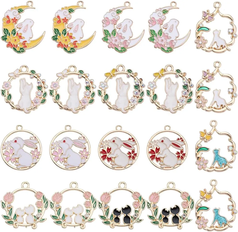 SUNNYCLUE 1 Box 20Pcs 10 Styles Cat Charms Bulk Cute Kitten Charms Enamel Rhinestone Alloy Gold Flower Rabbits Animal Halloween Easter Japanese Style Charm for Jewelry Making Charms Women Bracelets