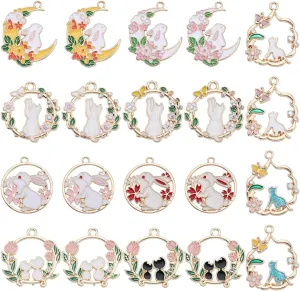 SUNNYCLUE 1 Box 20Pcs 10 Styles Cat Charms Bulk Cute Kitten Charms Enamel Rhinestone Alloy Gold Flower Rabbits Animal Halloween Easter Japanese Style Charm for Jewelry Making Charms Women Bracelets