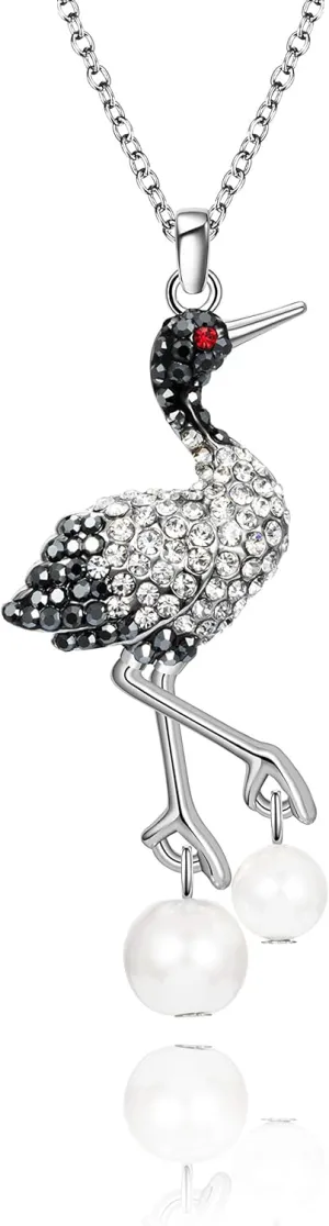 superchic Elegant Crane Bird Hoop Earring with Austrian crystals and Pearls/Elegant Crane Bird Pearl Necklace Pendant with Fine Chain for Wowen Girl Gift Party