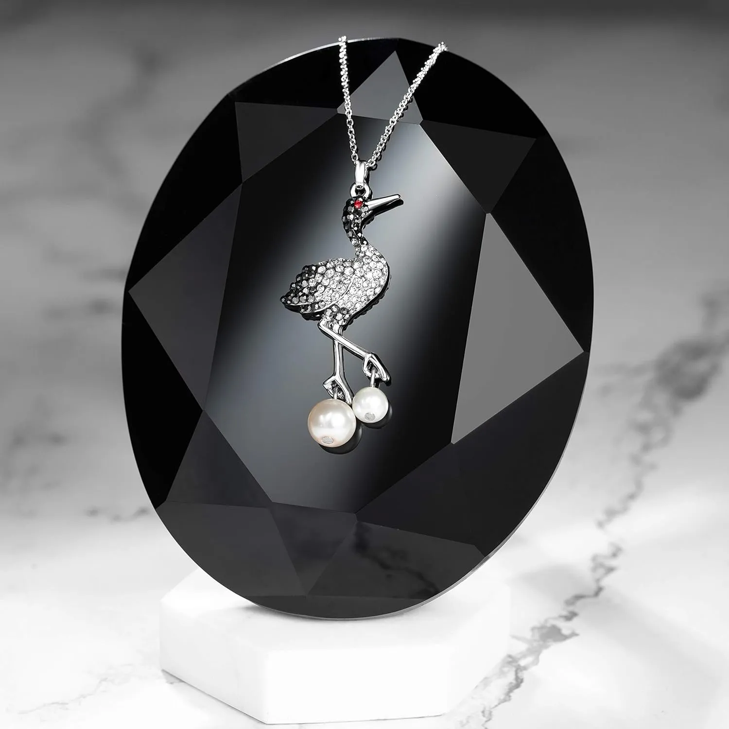 superchic Elegant Crane Bird Hoop Earring with Austrian crystals and Pearls/Elegant Crane Bird Pearl Necklace Pendant with Fine Chain for Wowen Girl Gift Party