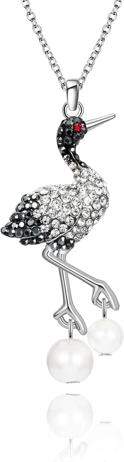 superchic Elegant Crane Bird Hoop Earring with Austrian crystals and Pearls/Elegant Crane Bird Pearl Necklace Pendant with Fine Chain for Wowen Girl Gift Party
