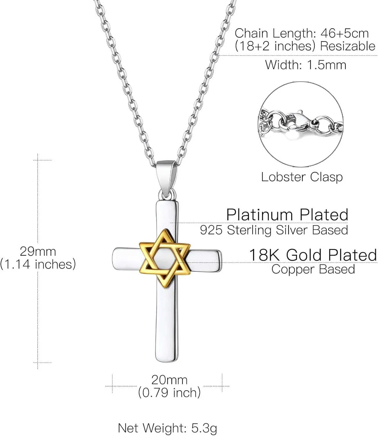 Suplight 925 Sterling Silver Jewish Star of David Necklace, Stainless Steel Gold Plated Islamic Hand of Fatima Heart Oval Allah Necklaces for Women Men (with Gift Box)