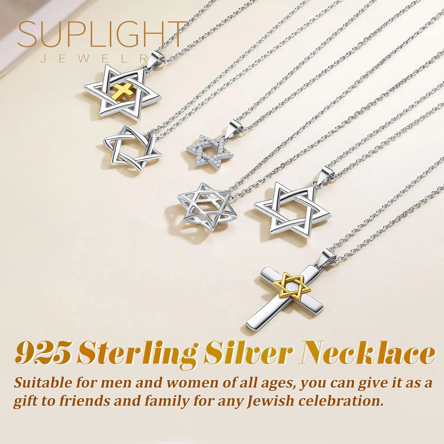 Suplight 925 Sterling Silver Jewish Star of David Necklace, Stainless Steel Gold Plated Islamic Hand of Fatima Heart Oval Allah Necklaces for Women Men (with Gift Box)