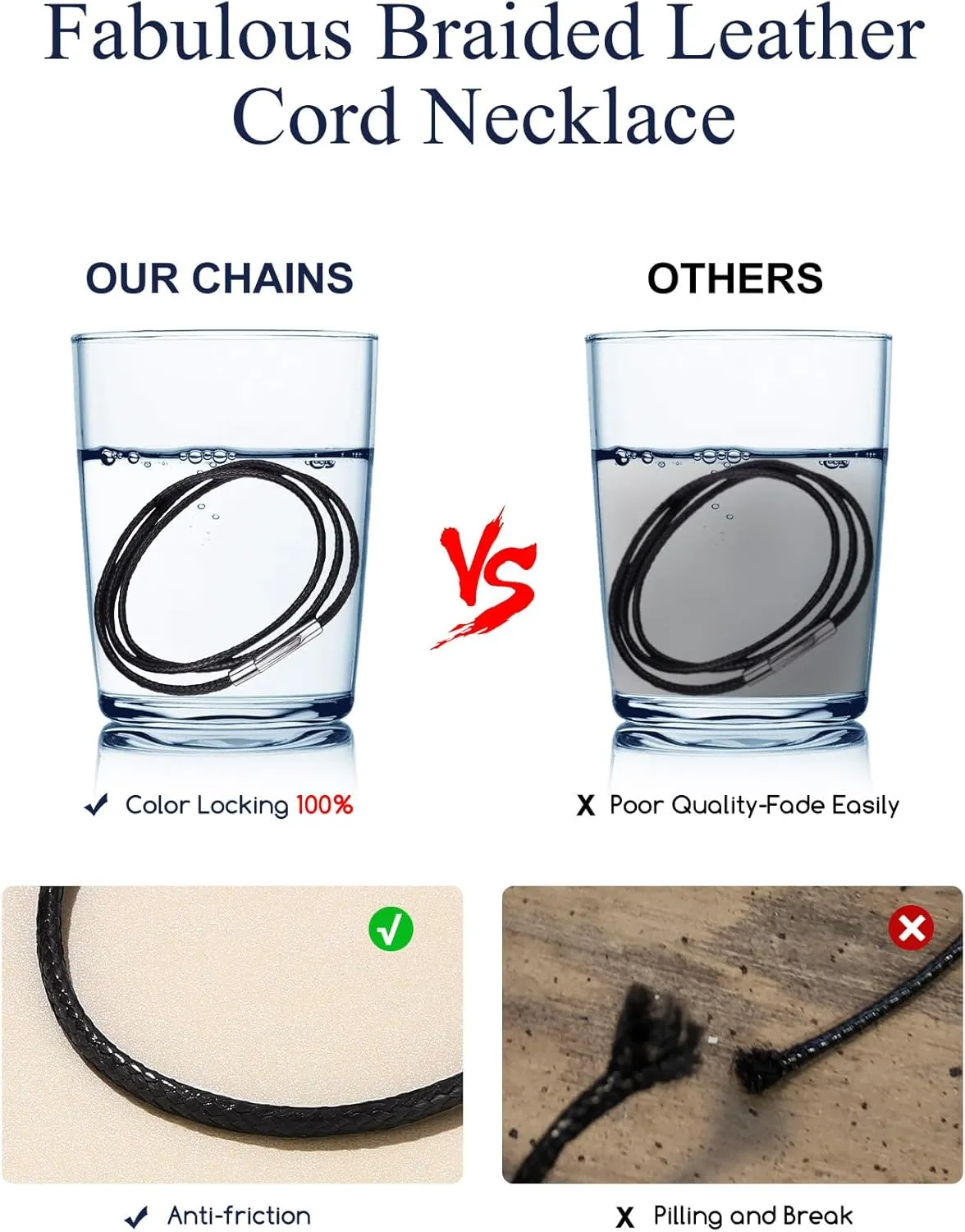 Suplight Waterproof Braided Leather Cord Chain Necklace for Men Women, Woven Wax Rope Chain for Pendant, Leather Necklaces Customize Available with Strong Clasp, 2/3mm Width 16" 18" 20"...30" Length