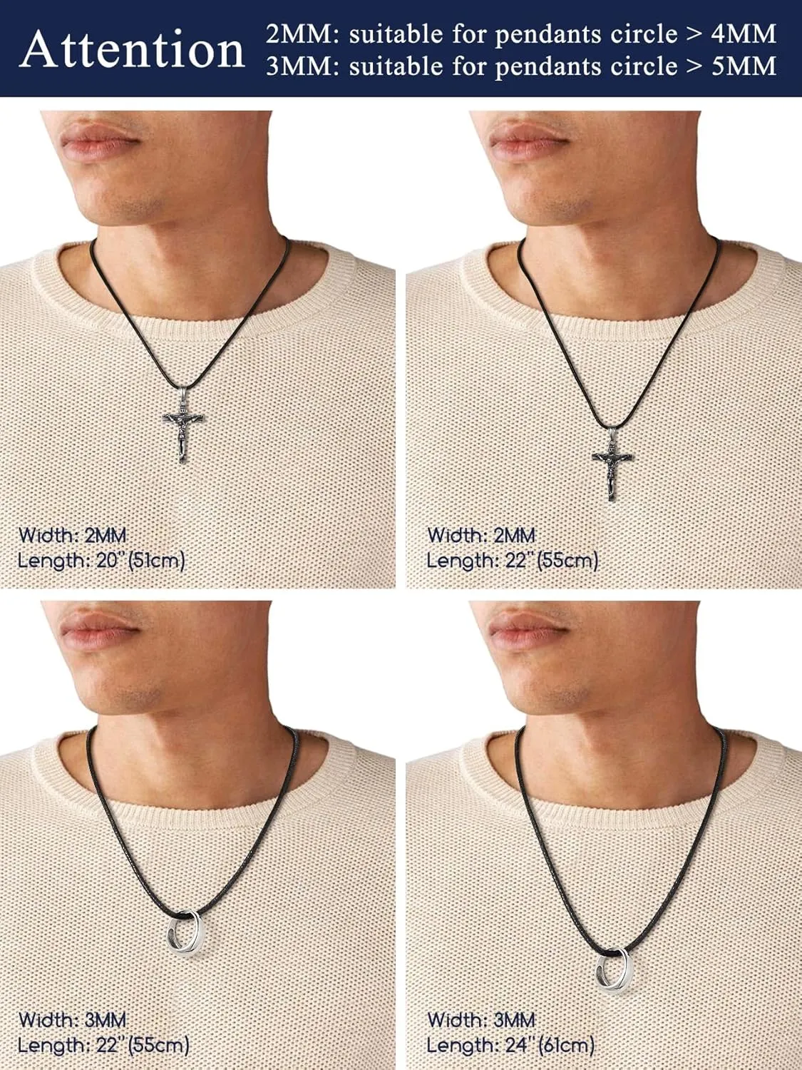 Suplight Waterproof Braided Leather Cord Chain Necklace for Men Women, Woven Wax Rope Chain for Pendant, Leather Necklaces Customize Available with Strong Clasp, 2/3mm Width 16" 18" 20"...30" Length