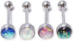 Surgical Steel Tongue Ring Straight Barbell 14 Gauge Opal Gem - 4 Pack
