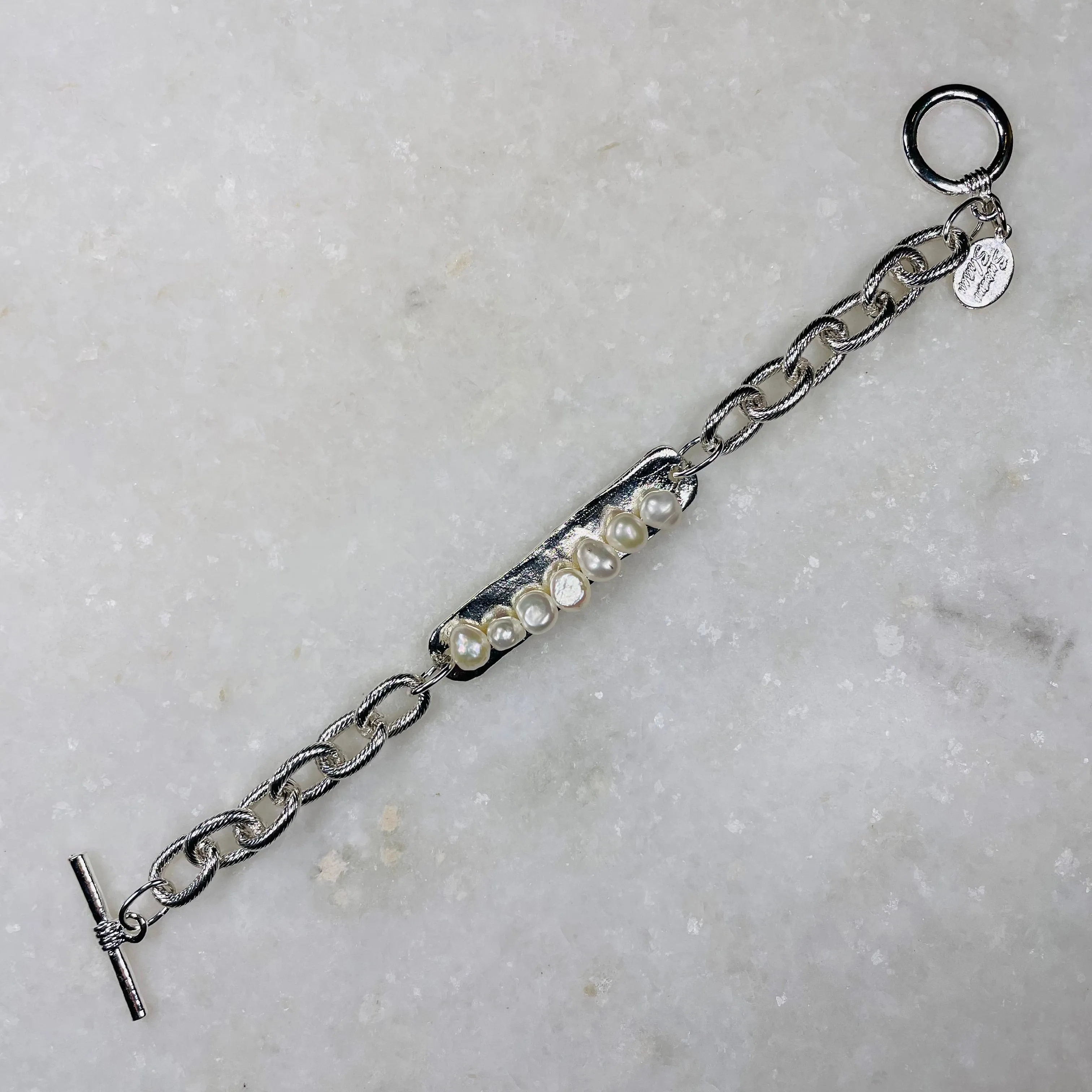 Susan Shaw Silver Bar w/White Freshwater Pearl Bracelet