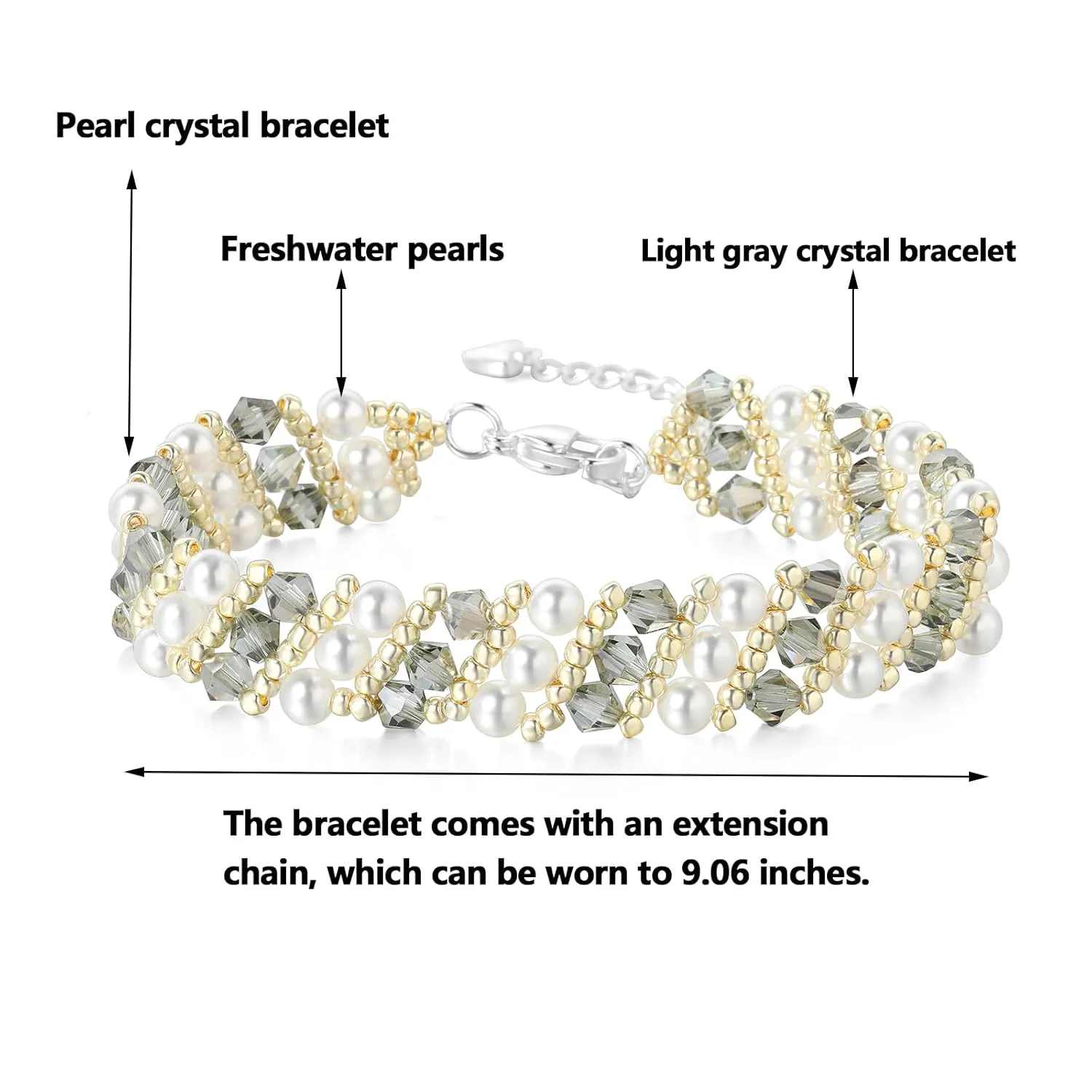 Swarovski crystal elements, high quality women's pearl bracelet handmade, with extension chain, brings good luck, suitable for all occasions, elegant fashion high-end accessories(white)